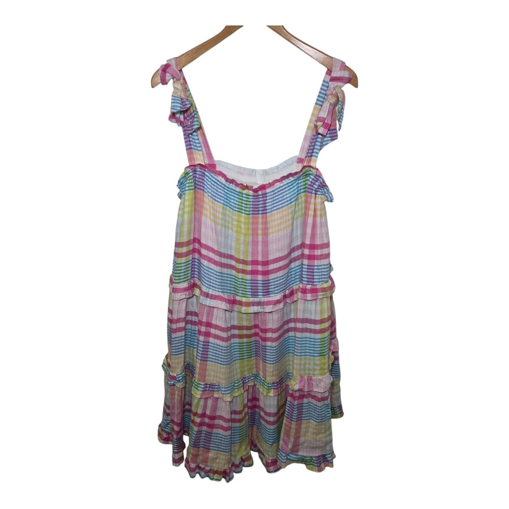 Women's Plaid Tie Strap Tiered Sundress Size Large Linen Blend Cottage Prairie